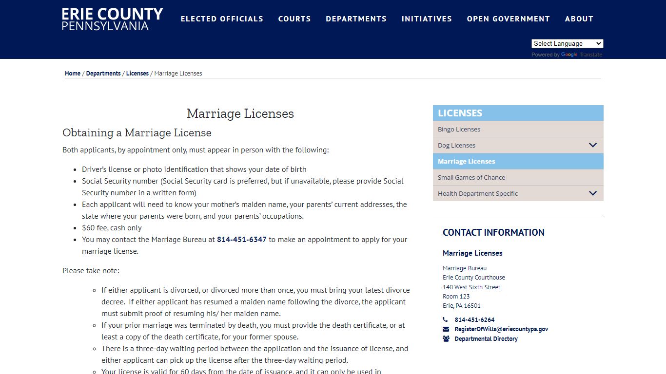 Marriage Licenses – Erie County, PA