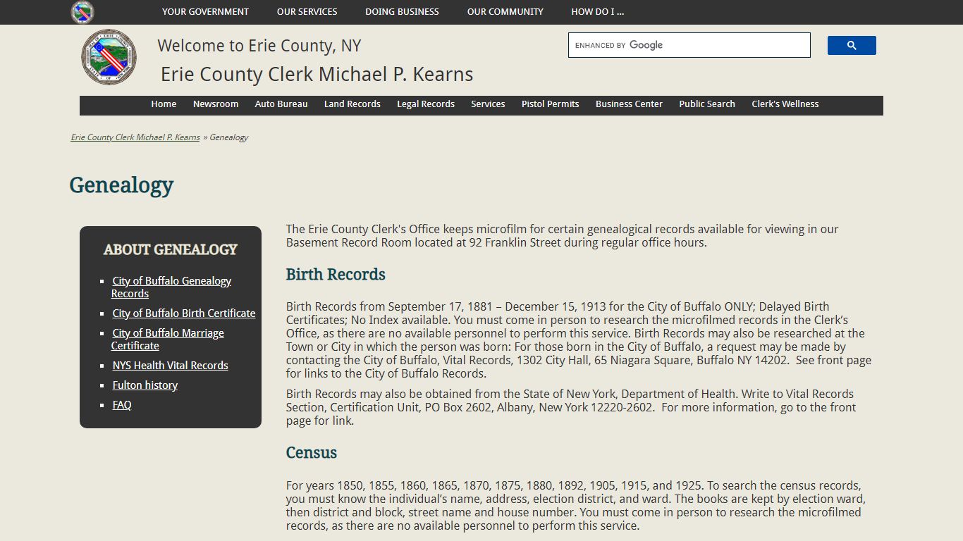 Genealogy | Erie County Clerk Michael P. Kearns